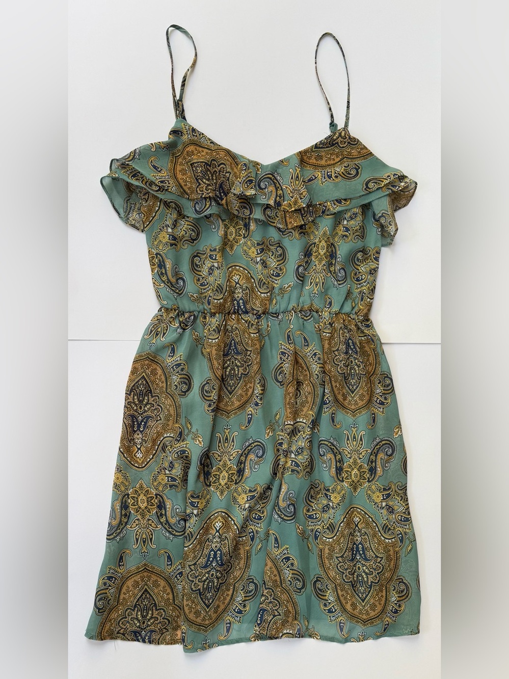 Doe & Rae Ruffle Teal Paisley Dress, Boho, Hippie, Summer Festival